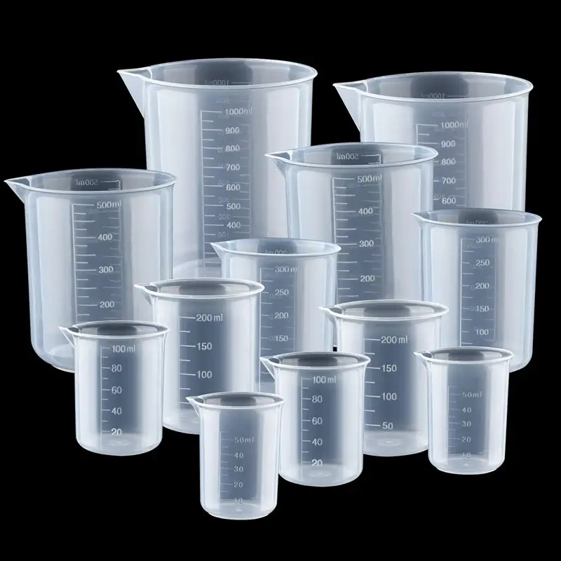 Equipo de laboratorio de química Vasos de plástico Vasos de medición multiusos transparentes Vasos de mezcla Vasos de contenedor de líquido