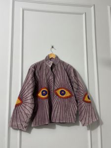 Blouson Bomber en Velours Tricoté Fait Main pour Femme, Broderie Artistique au Dos Motif Œil, Respirant, Style Ethnique Bohème, Vêtement d'Hiver Tendance - Product Image 2