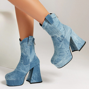 Women's High Chunky <b>Heels</b> Ankles Boots Cow Print Denim Shoes <b>Round</b> <b>Toe</b> Back Zipper Thick Platform Short Booties - Product Image 4