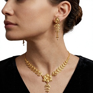 Floral Leaf 22K Solid Gold <b>Necklace</b> and Drop Earrings Set for Women Wedding Bridal Jewelry Trendy Style Lisa Jewellers - Product Image 1