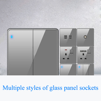 Panel Saklar Lampu LED Soket Listrik Tahan Air EU/UK Abu-abu 16A dengan USB Tipe-C Kaca Temper
