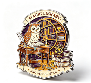 Owl Magic Library Enamel <b>Pin</b> Bookshelf Desk <b>Badge</b> Purple Gold Metal Craft Gift Decor - Product Image 3