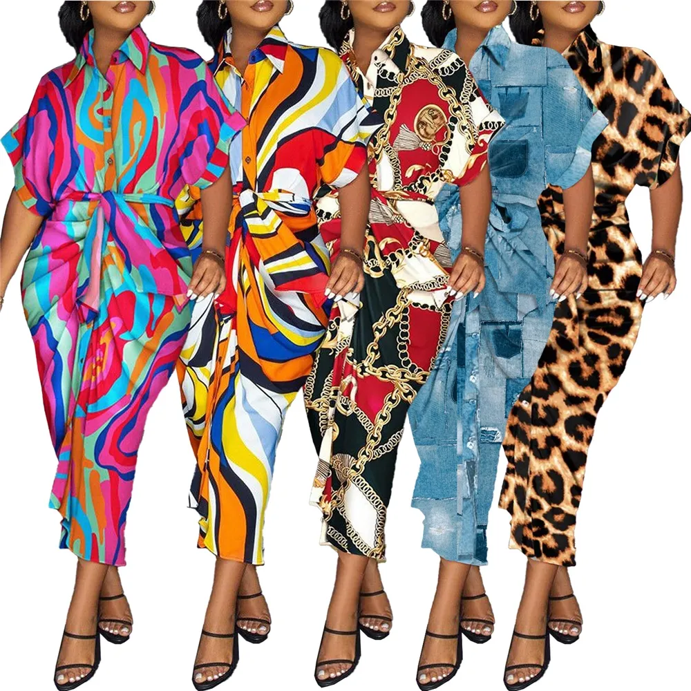 OJW021820 Fashionable Summer Multicolor Print Maxi Women Short Sleeve Temperament Elegant Slim Shirt Dress