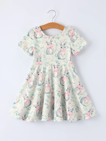 Robe pour filles et enfants, motif floral lapin rose de Pâques, respirante, coupe trapèze, longueur genou, manches courtes, nœud œuf, printemps-été