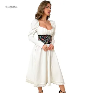 Women Renaissance Lace Up Waist Belt Wide Underbust Corset Belts Bustier Floral Print Costume Clothing Dress