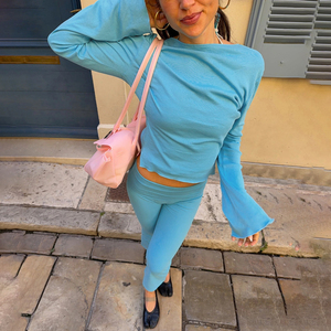 Y2K Solid Keyhole Tie Neck Flare Long Sleeve Top Cropped Capri Pants 2 Piece Outfit Women Slim Fitted Matching <b>Set</b> - Product Image 3