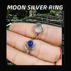 Bague ajustable tendance en lapis-lazuli naturel et quartz rose en forme de lune, bijoux en argent sterling 925, cadeau d'anniversaire de mariage pour femmes - Product Image 2