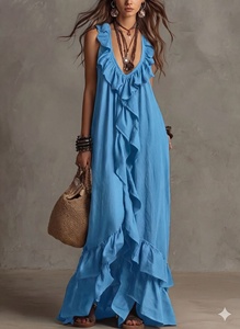 Robe longue de printemps décontractée bohème urbaine à col en V sans manches et à volants, collection transfrontalière Europe-Amérique 2026 - Product Image 3