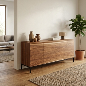 Buffet en bois massif sans poignées, finition naturelle en teck, suar, acajou, avec pieds en métal, pour salon - Product Image 2
