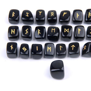 Groothandel Natuursteen Zwart Obsidiaan Goud Vulling Kleur Futhark Gegraveerde Runen Set - Product Image 2