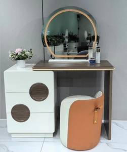 Wooden <b>Makeup</b> Vanity Table Set Round <b>LED</b> Illuminated <b>Mirror</b> Extendable Dresser With Storage Drawers Cushioned Stool For Bedroom - Product Image 2