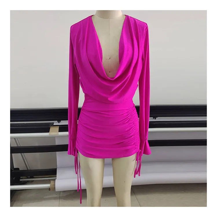 2023 Wholesale Custom Dress Women Clothing Cowl Neck Side Pleated Fashion Summer Dress