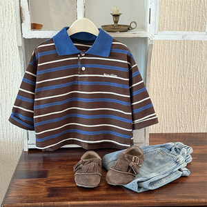 Nouveau style automne 2026 – T-shirt rayé à revers pour enfants, garçons et filles, avec blocs de couleur, polyvalent, motif lettre, manches longues - Product Image 2