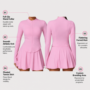 Women Premium Soft Pink Long Sleeve <b>Zip</b> <b>Up</b> Training Top and Pleated Tennis Skirt Set for Professional Fitness and Activewear - Product Image 2