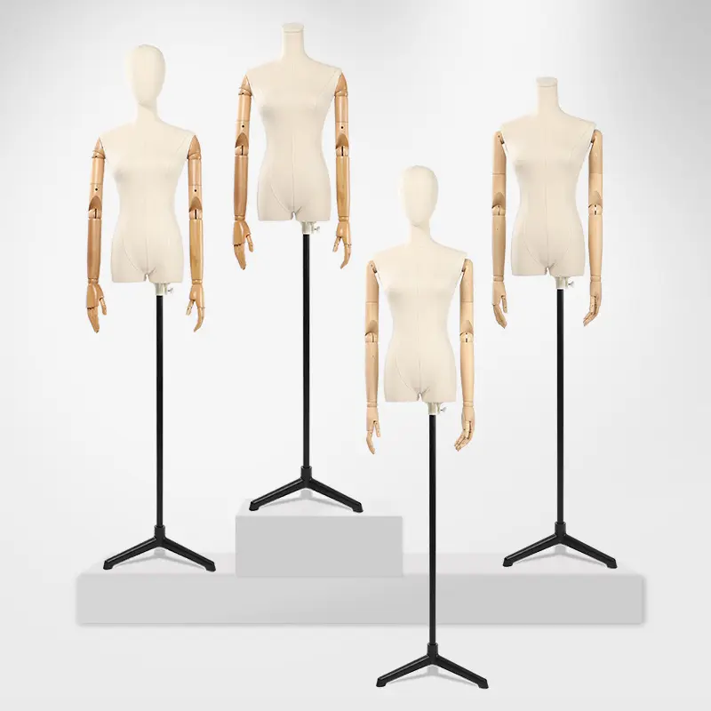 Linen/Cotton fabric wrapped female half body beige woman mannequin torso with wood/Chrome Flexible arms for clothes
