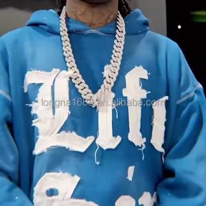 Conjunto de chándal de felpa para hombre con lavado ácido y efecto desgastado por el sol, con apliques, parches, bordados y pedrería, sudadera con capucha y pantalones de chándal con dobladillo sin rematar - Product Image 3