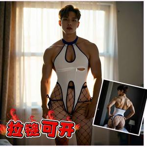 Sexy Japanese-style ice silk swimsuit with halter neck and zipper, high slit, cross-dressing bodysuit, seductive men's style, - Product Image 5