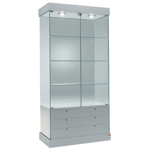 Meuble bas H2O Showcase, 75 cm de large, 190 cm de haut, gris clair, verre trempé, portes à charnières verrouillables, 6 tiroirs - Product Image 1