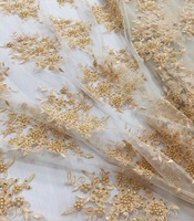 Tela de Encaje de Tul con Cuentas de Perlas Bordadas en Oro Pesado, Ideal para Vestidos de Fiesta para Niñas y Accesorios de Novia