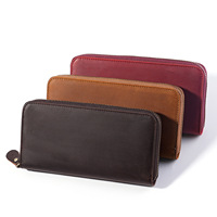 Dompet Kulit Asli Crazy Horse dengan Ritsleting, Dompet Panjang Vintage, Banyak Slot Kartu, Warna Solid, Dompet Kulit, Logo Custom