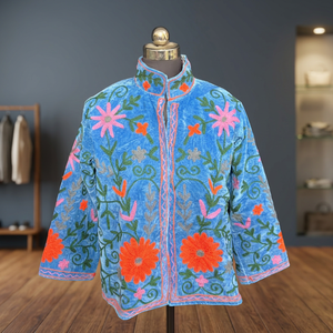 Stunning Royal Blue Velvet Hand Embroidered Floral Suzani Coat Ethnic Kashmiri Winter <b>Cardigan</b> Jacket <b>Women</b> Outerwear - Product Image 6
