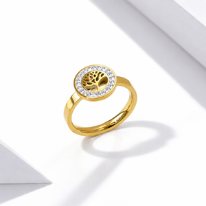 <b>Tree</b> Halo Ring Stainless Steel 14K Gold Vacuum Plated Zircon circular <b>tree</b> cutout with clear zircon halo and <b>slim</b> bandTree Halo - Product Image 1