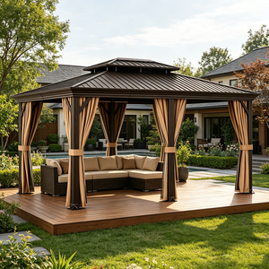 Gazebo de jardin de luxe à toit rigide avec rideaux latéraux, pavillon extérieur toutes saisons pour la vie <span class=keywords><strong>en</strong></span> plein air dans la cour - Product Image 1
