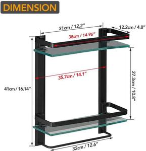 Kệ Nhôm Phòng Tắm 2 Lớp Màu Đen Kệ Phòng Tắm Bán Buôn Kệ Kính Vuông Giá Đỡ Với Thanh Treo Khăn - Product Image 4