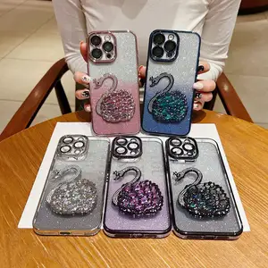 Casing ponsel glitter gradien untuk iphone 15 Pro, casing ponsel bling berlian angsa 3D untuk iphone 15 14 13 12 11