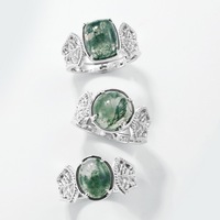 Bague Norelle en argent S925 avec cabochon rond en agate mousse, agate verte naturelle motif feuille filigranée, bijoux fins vintage pour femme