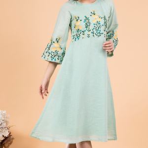 Vestido de Lino y Algodón Bordado Personalizado, Elegante, Cuello Redondo, Casual, Corte en A, Mangas Abullonadas, Midi, Vestido de Verano para Mujer - Product Image 5