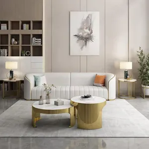 Oak Living Room Furniture Modern Design Marble Center Table Set Luxury Metal Hollow Gold Frame Coffee Table