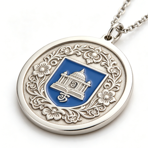 Médaille circulaire plaquée argent avec bouclier en émail bleu et motif floral pour l'occasion de remise des diplômes - Product Image 4