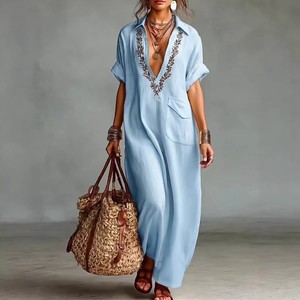 Vestido Maxi para Mujer Maining, Bordado Floral, Cuello en V, Manga Media, Vestido Informal Estilo Boho, Vestido Túnica de Playa con Bolsillo - Product Image 5
