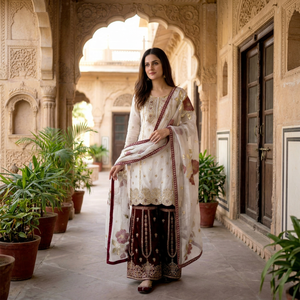 Ensemble salwar kameez en soie blanche avec pantalon en velours rouge et broderies dorées pour femmes, idéal pour les mariages et les fêtes - Product Image 1
