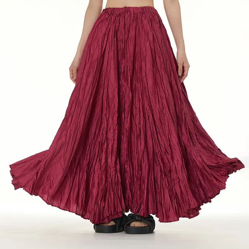 Solid color Elegant oversize pleated half skirt ladies high waist multi pleated Long swing skirts