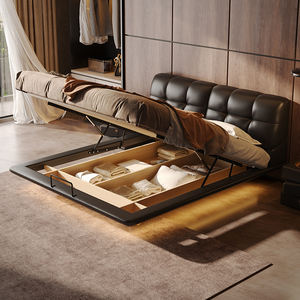 Puffbed met verstelbare rugleuning, Italiaans minimalistisch zwevend echt lederen kingsize bed voor de hoofdslaapkamer, zacht gestoffeerd - Product Image 4