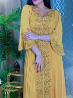 Kaftan de Luxe pour Fille Islamique, Jaune Dubaï, Broderie Strass, Manches Chauve-Souris Mi-Longues, pour Soirée et Été