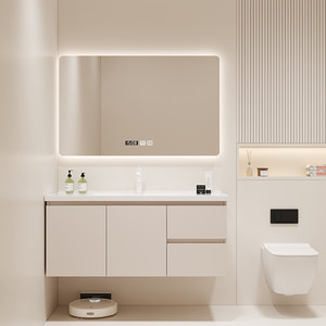 Ensemble de meubles de salle de bain modernes en bois massif couleur crème, résistant à l'eau, avec vasque en céramique intégrée, miroir, pour hôpital et appartement - Product Image 2