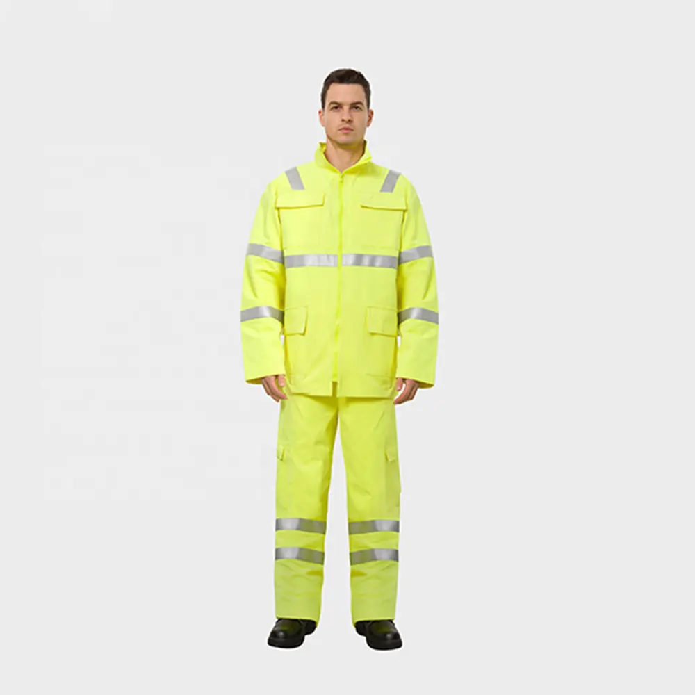 Yüksek görünür sarı modakrilik pamuk malzeme söndürme iş giysisi tulum yangın radyasyon koruma elbisesi