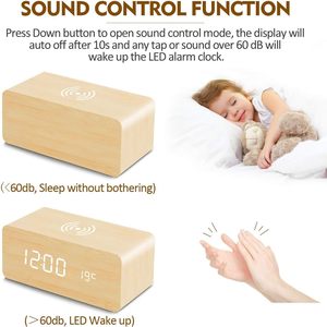 Digitale LED-wekker met spraakbesturing, bamboe houten behuizing, temperatuurweergave, 10W supersnelle draadloze oplader, snooze-functie, promotioneel cadeau - Product Image 4