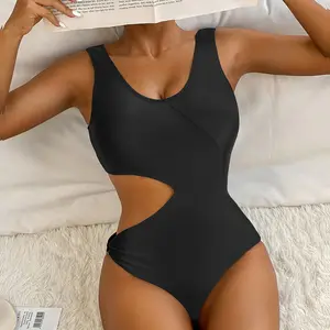 PASUXI 2023 moda kadın seksi Cut Out One Piece Bikini siyah katı Backless yüksek bel mayo