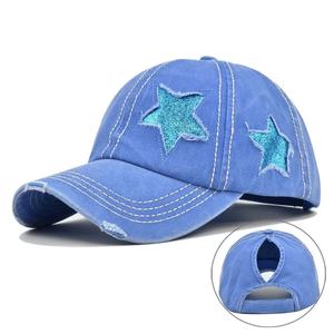 New Style Distressed Plain Design Ponytail Baseball Cap Featuring a Glittery Five Pointed Star and Washed Vintage Finish <b>Hat</b> - Product Image 4