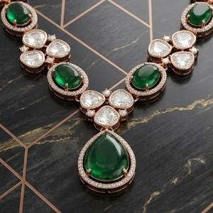 Rose Gold 925 <b>Silver</b> Necklace with Green Oval and Water Drop Crystals for Women Fine <b>Silver</b> Wedding Jewelry Set - Product Image 2
