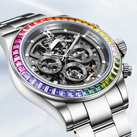 Montre chronographe automatique mécanique pour homme Bonest Gatti, boîtier en acier inoxydable, cadran squelette, lunette sertie de pierres colorées, luminescente BG8018