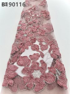 Vải ren chiffon đính hạt kiểu dáng mới nhất của CHOCOO, màu hồng đào, thêu hoa, vải ren ngọc trai châu Phi - Product Image 5