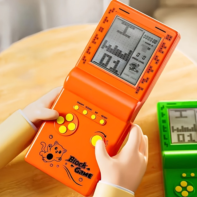 Classic Retro Brick Game Handheld Console Portable LCD Block Puzzle Toy D-Pad ROT Battery Keychain Gift for Kids Children Teens