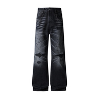 Jean Bootcut Vintage Homme en Denim Noir Premium 100% Coton, Délavé Foncé, Effet Usé, Coupe Ample Structurée, Style Urbain avec Rivets