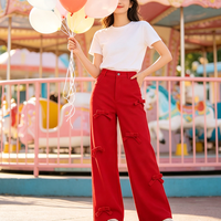 Pantalon décontracté plissé à taille haute pour femme, coupe droite, avec nœud et bouton, taille élastique, anti-plis, séchage rapide, respirant