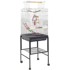 Nuevo Producto al por mayor plegable pájaro de hierro para jaula de loro color blanco y negro con soporte jaula buena venta y buena cantidad jaula